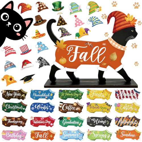 ZenDecor 42Pcs Interchangeable Seasonal Decor Desk Cat - Interchangeable Sign Black Cat Decor with Magnet Pieces, Detachable Seasonal Desk Decorations, Changeable Welcome Sign for Pet Lover Gift (Black Cat)