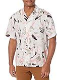Club Monaco Men's Short Sleeve Camp Collar Block Print Shirt, Pink