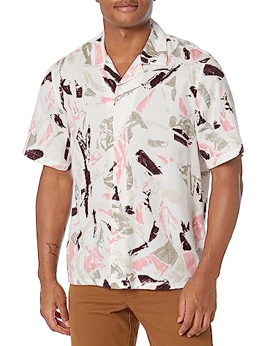 Club Monaco Men's Short Sleeve Camp Collar Block Print Shirt