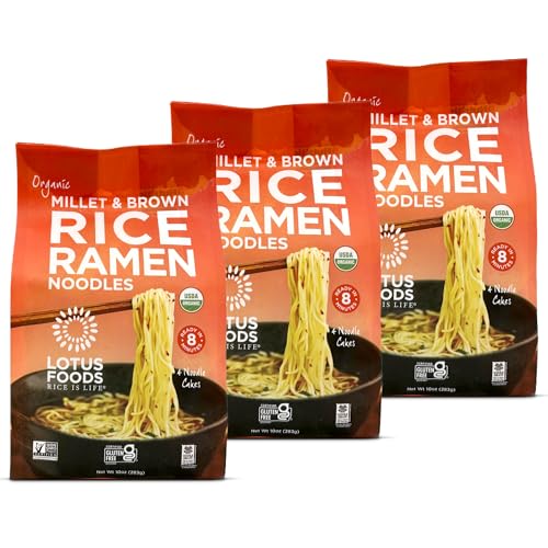 Lotus Foods Organic Millet and Brown Rice Ramen Noodles - Gluten Free Instant Ramen Noodles, Vegan, Low Sodium, Made with Brown Rice Flour and Millet Flour- 10 Oz Bag (Pack of 1)