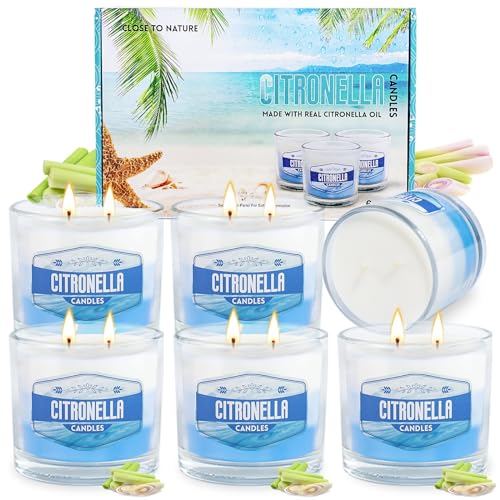 Yinuo Candle Juego Velas de Citronela para Exteriores, Paquete de 6 (575 g Cada Una), Tiempo de Combustión de 300 h, Velas de Jardín con Degradado de Blanco a Azul en Recipientes de Vidrio