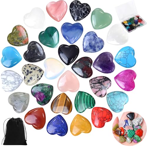 Vleuexe 30 Pezzi Pietre a Cuore,Set di pietre preziose Mix colorato di pietre Naturale A Forma di Cuore Pietre Decorative Cristalli Quarzo Rosa cristalloterapia pietre e cristalli per Meditazione