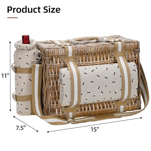 Picknickkorb für 2 Personen mit Decke – Picknickkorb aus Weide mit Gurt, Weintasche, Picknick-Set aus Weide für 2 Personen mit isoliertem Kühler, Weidenkorb mit Besteck-Set, Beige
