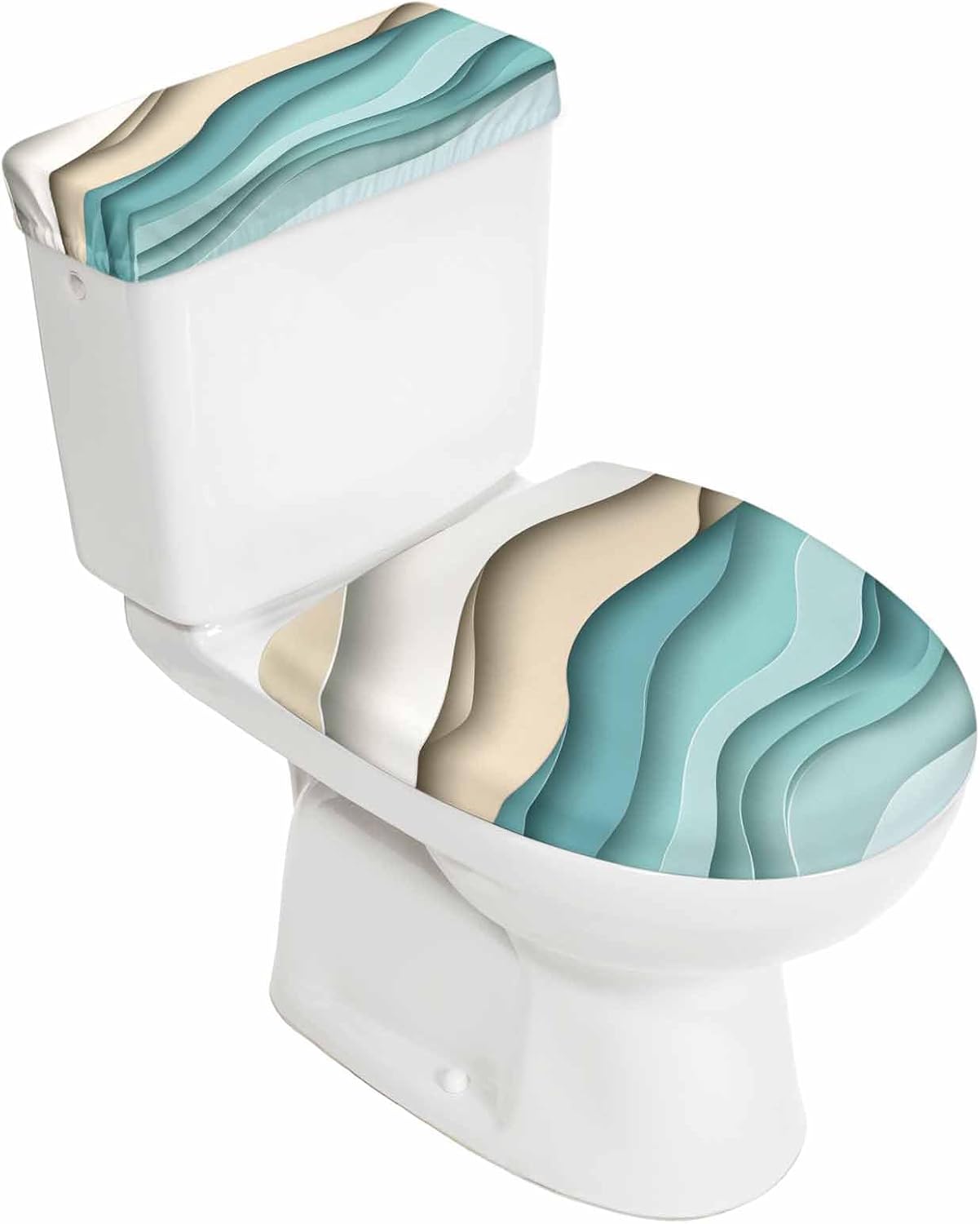 Teal Brown Ombre Elastic Toilet Lid and Tank Covers Set, Modern Abstract Moire Art Geometric Decorative Bathroom Decor, 2 Pcs Toilet Lid Cover and Toilet Tank Lid Cover with Elastic Bottom