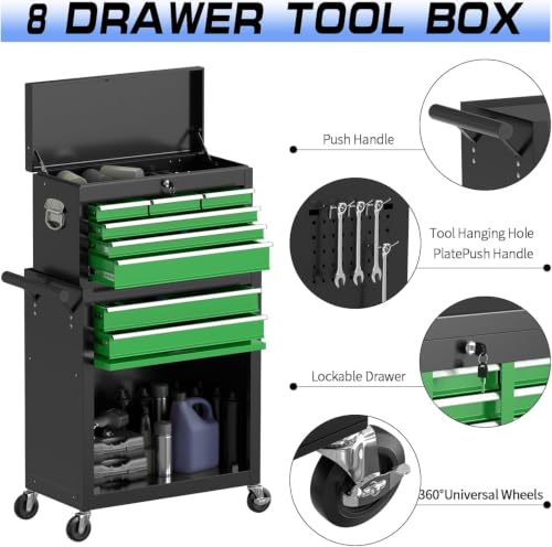 Image of 8-Drawer Rolling Tool Chest Tool Box,Removable Tool Storage Cabinet with 4 Wheels and Drawers,2 in 1 Portable Toolbox Organizer, Tool Chest with Lockable Drawer Gifts for Men (Black&Green)