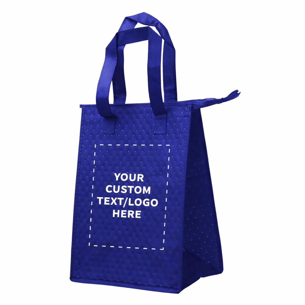 DISCOUNT PROMOS Custom Zipper Insulated Lunch Tote Bags Set of 10/50/100, Personalized Bulk Pack Perfect for Work Travel Outdoor Events - Reflex Blue - Custom - Reflex Blue 10/50/100 bags