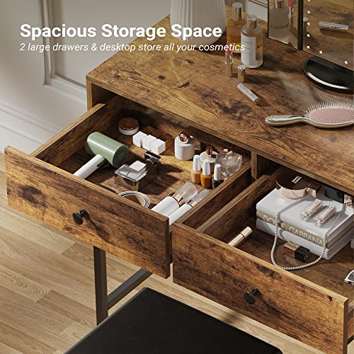 Superjare Vanity Desk, Makeup Vanity With Stool & Tri-Fold Lighted Mirror, Vanity Table Set With 2 Large Drawers - Vintage Brown #TOP2