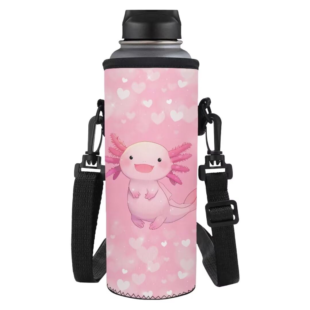 Kuiaobaty Axolotl Crossbody Water Bottle Holder Sweet Water Bottle Sleeve with Straps Portable Water Bottle Bag for Hiking Soft Water Bottle Pouch for