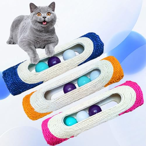 Prancha cilíndrica para arranhar brinquedos de sisal para gatos com 3 bolas de anel de 28 cm rolo de