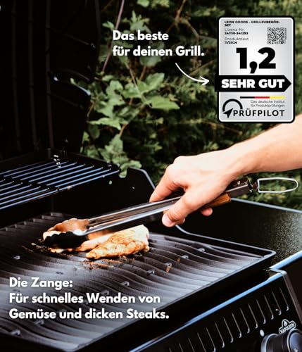LEÓN Goods® : Grillbesteck Set [+Grillbürste] Grillzange, Grillwender, Grillgabel, Grillreiniger auch für Gasgrill! Grill Geschenkset aus Edelstahl und Akazienholz. (4-TLG.)