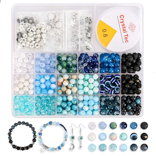 Tunmiok Glass Beads for Jewelry Making Kit with Metal Charms & Crystal String - Includes Spacers, Flower Holders - Bracelet kit, Necklace, Earring Set Supplies for Adults (Blue)