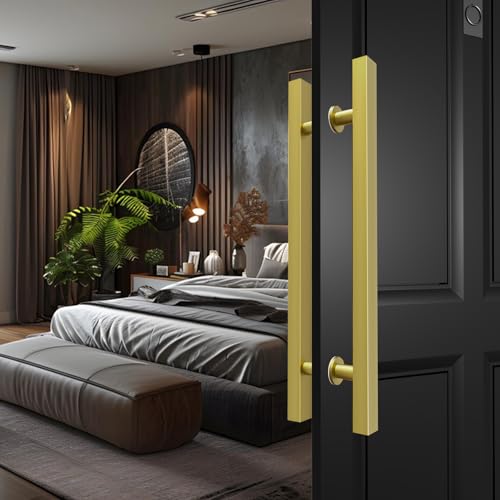 Image of 24 inch Titanium Gold Square Barn Door Pull Handle Double Sided | Heavy Duty 304 Stainless Steel, 15-3 /4 inch Hole Spacing, Fits 3 /4 inch-2 inch Thick Barn, Front Entry, Sliding & Exterior Doors