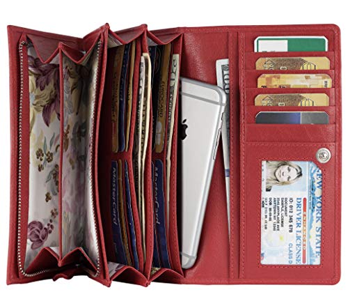 Image of Women's Top Grain Leather Wallet, RFID Blocking Bifold clutch, 17 Card Slots, Zip Pocket Organizer, Elegant Gift for Women - Birthday, Valentine, Anniversary - RED