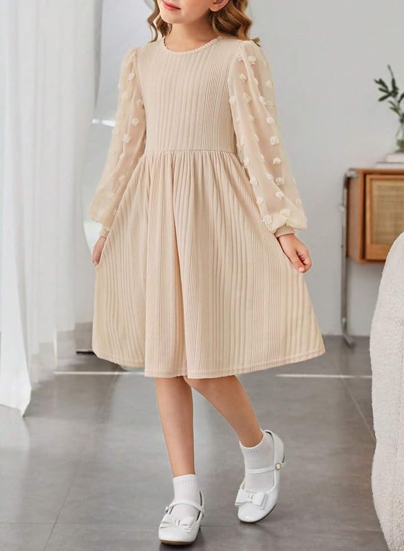 Girls Fall Long Sleeve Knit Dresses Casual Crewneck Swiss Dot A-line Dress 6-15 Years2