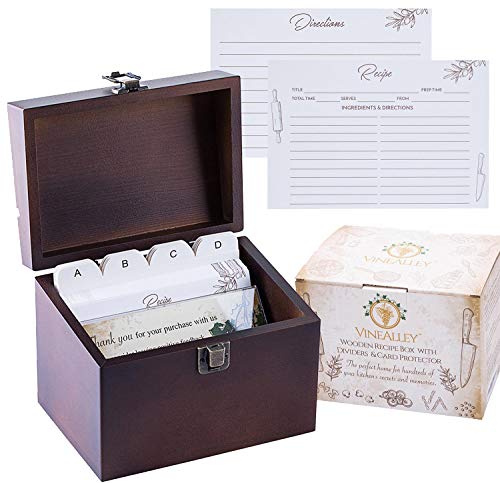 VINEALLEY Handcrafted Vintage Wood Recipe Box with 50 4x6 Recipe Cards and 24 Dividers & Kitchen Recipe Holder & Card Protector, Large Recipe Organizer Box, 300+ Recipe Index Cards Storage, Gift Box