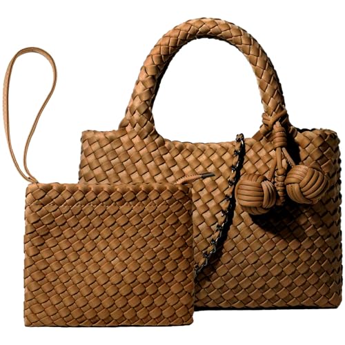 Image of Woven Tote Bag for Women with Coin Purse, Foldable Chain Small Crossbody Handbags, Fashion Shoulder Bag, Hobo Satchel