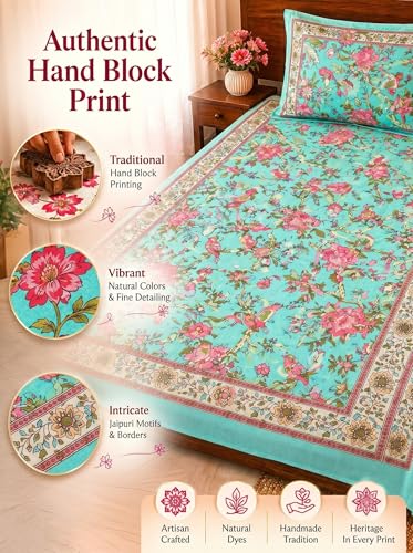 Image of Mafatlal 144 TC Heritage 100% Pure Cotton Jaipuri Bedsheet with Pillow Cover (90x60 inches) | Soft & Breathable Fabric | Traditional Floral Print | Teal Blue