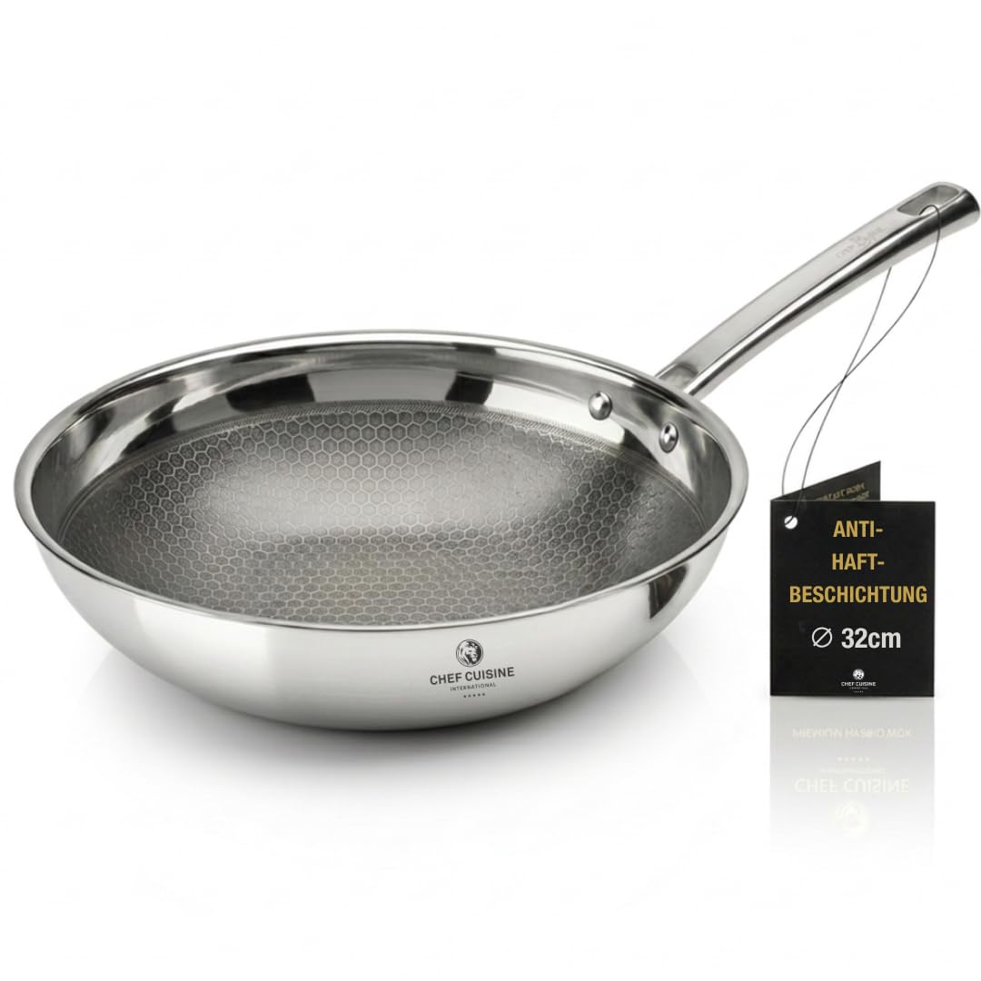 Wokpfanne 32cm Edelstahl Honeycomb Wabenstruktur Induktion Wok | Kratzfest für Messer & Metall, Aluminiumkern bis in den Rand, genieteter Griff, Schüttrand, backofengeeignet 260 °C