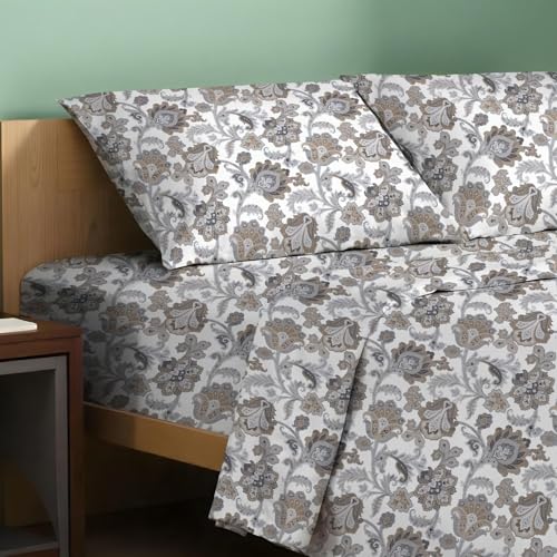 TEXAS LINEN CO. 100% Organic Cotton Sheets Twin XL Size - 3 PC Organic Cotton Percale Printed Sheets Twin XL Set (Floral Ivory), Soft, Crisp Bedsheets, 16" Deep Pocket Hotel Bedding - GOTS Certified