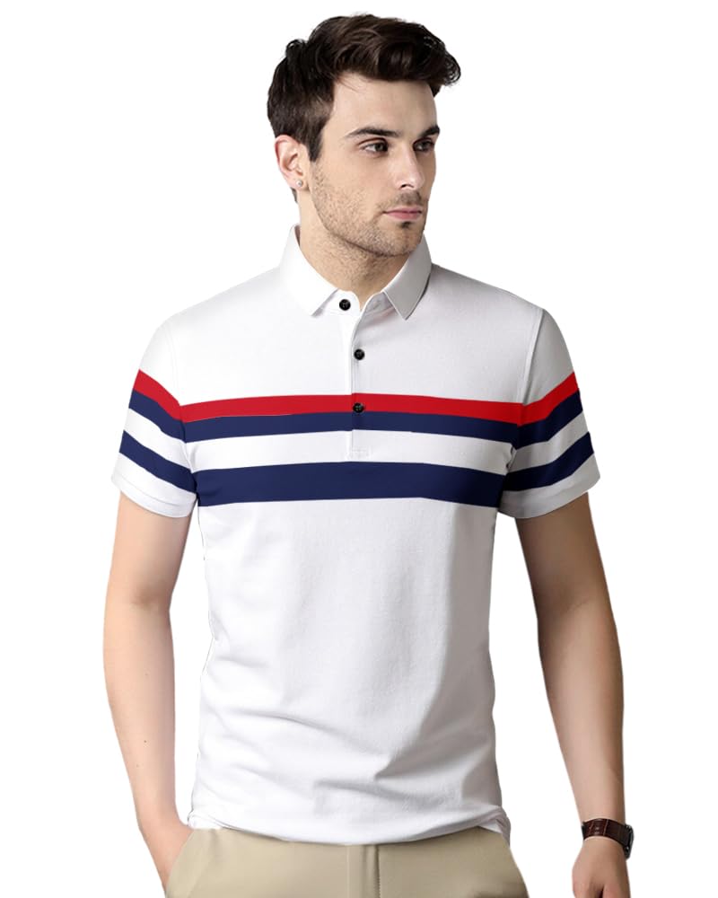 EYEBOGLER Mens Striped Regular Fit T-Shirt (T674_White Navy Blue Red (B0CGJ123FS) Amazon Price History, Amazon Price Tracker