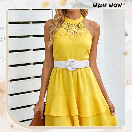Image of Straw Woven Elastic Belt for Women Stretchy Belts for Dress Fashion Boho Waist Belt Rattan Raffia Ladies Belts