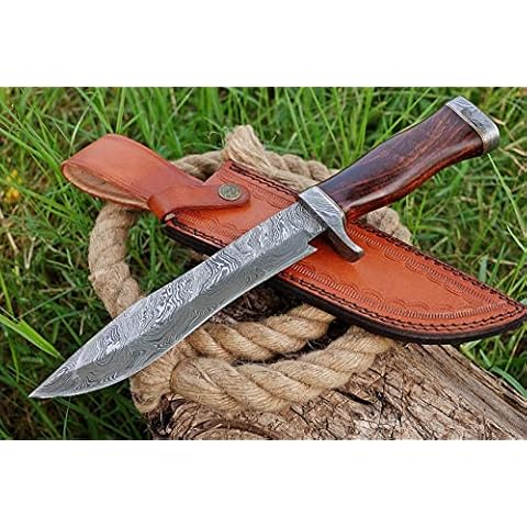 TMBrands Damascus Steel Bowie Knife, Hunting Knives, Survival Knife & Camping Knife with Rose Wood Handle - Leather Knife Sheath Cover