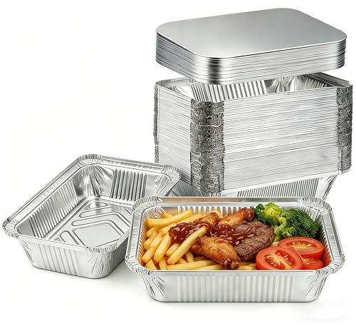 Aluminum Pans with Lids (60 Pack 8.56) 2.25 LB Capacity Foil Pans with Lids - 60 Pans and 60 Cardboard Covers - Disposable Food Containers Tin Foil Pans for Baking Meal Prep Storage and Freezer