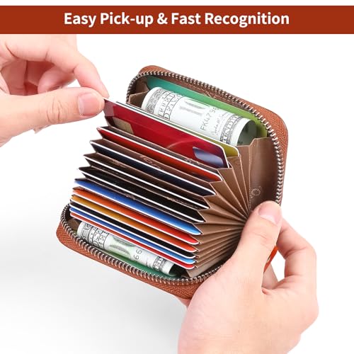 Genuine Leather Credit Card Holder Case RFID Blocking Travel Passport Wallet， Small Card Case for Men Accordion Wallet with Zipper ，Compact Size (Brown)4
