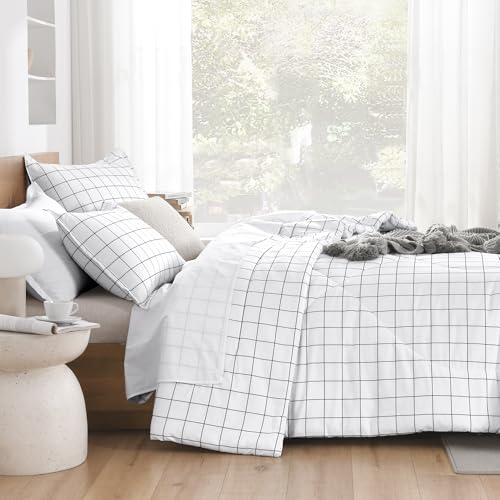 Image of Andency Full Size Comforter Sets, White Gingham Plaid Grid Checkered Bedding Comforter Set for Teens Boys Girls Kids, 3 Pieces Lightweight Reversible Preppy Bedding Set(79x90 Inch)