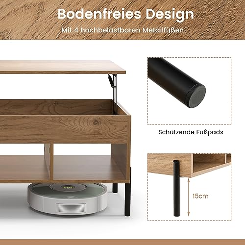 COSTWAY Couchtisch Höhenverstellbar, Beistelltisch mit anhebbarer Tischplatte & 3 offenen Fächern, Wohnzimmertisch aus Holz mit großem verstecktem Fach, Kaffeetisch für Wohnzimmer, Büro (Natur) – Bild 7