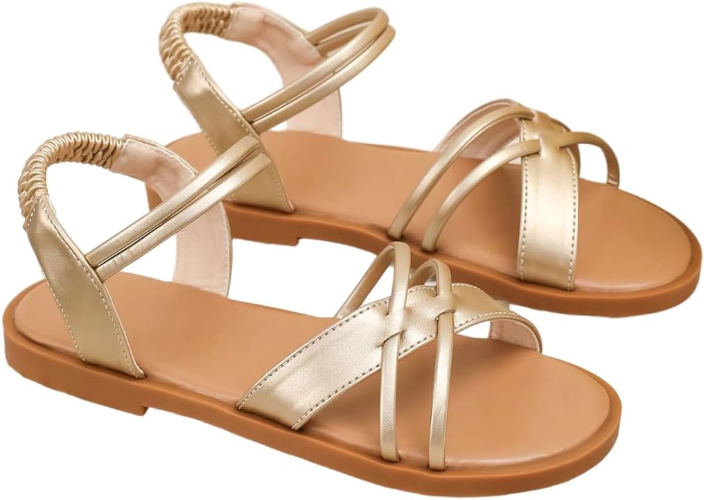 GORGLITTER Girl's Gold Sandals Dress Strappy Open Toe Ankle Strap Flat Sandals Cute Summer Slides