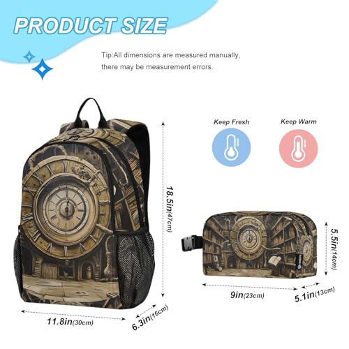 Clock Book Vintage Backpack for School Boys Girls and Teens, Backpack for Men and Women, Lightweight Bookbag with Lunch Box Travel Laptop Daypack 18.5 x 11.8 In4