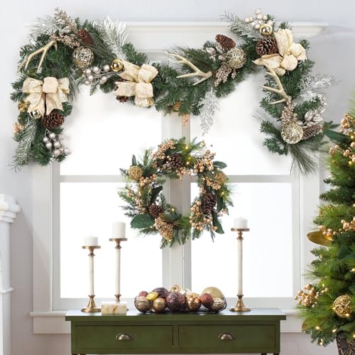 6 Ft Pre-Lit Christmas Garland, Battery Operated Xmas Garland with 20 LED Lights, Pine Cones, Berries, Bows, Gold Balls for Front Door Fireplace Mantel Stairs Table Decor
