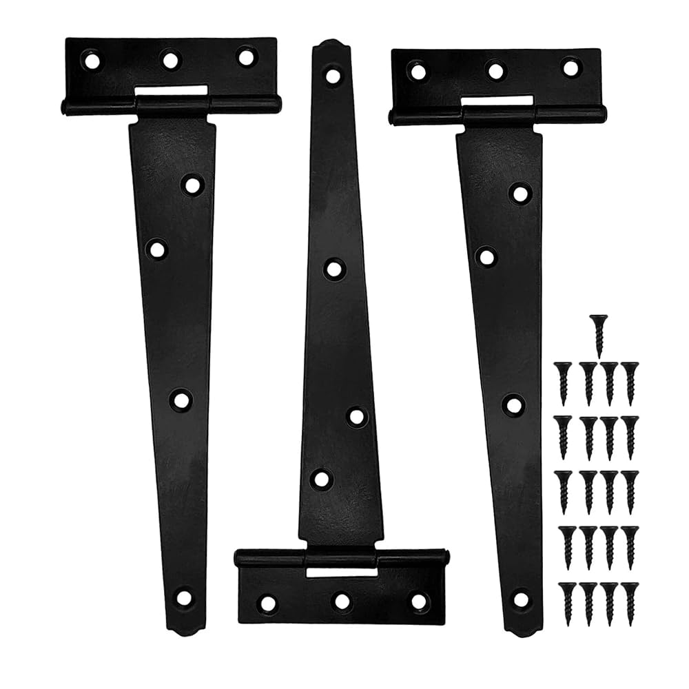 Crozgan 3Pcs Garden Gate Hinges,12in/300mm Heavy Duty Gate Hinges, Black Garden Gate Shed Metal T Strap Tee Hinges with Screw for Wooden Shed Gates Barns Fence Window