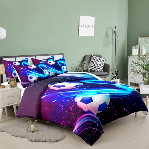 Image of Peopleareok Soccer Comforter Set Full(79x90 Inch), 3D Printed Purple Galaxy Soccer Theme Comforter, Sports Football Bedding, 3 Pieces Soft Microfiber Football Bedding Set for Boys with 2 Pillowcases