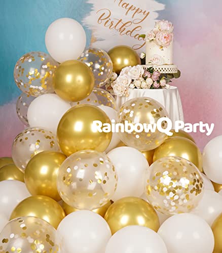 Image of Metallic Shiny Gold and White Balloons 12 Inch 67PCS White Gold Confetti Balloons Latex Helium Balloon Set for Graduation Anniversary Wedding Birthday Party Decorations