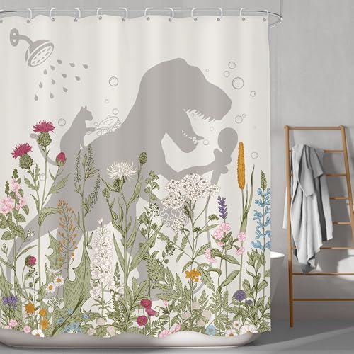 Image of Dinosaur Wildflower Kids Shower Curtain Bathroom Set 60Wx71H Inches Funny Dino Cute Cat Silhouette Floral Rustic Plant Leaves Botanical Bath Accessories Boy Art Home Decor Fabric 12 Pack Hooks