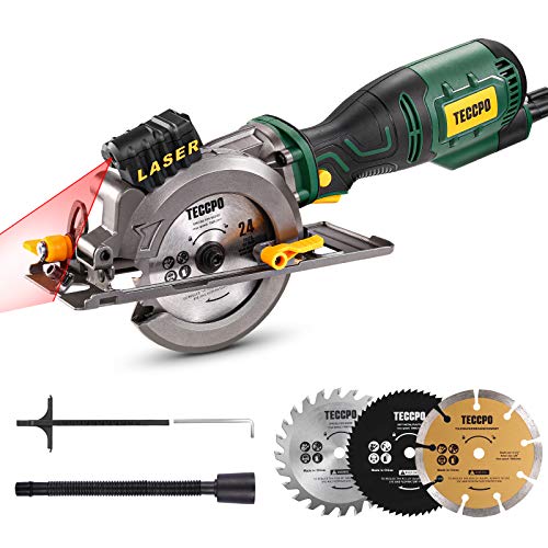 Mini Circular Saw, TECCPO 5.8A Circular Saw with Laser Guide, Fine Copper Motor, Max Cutting Depth 1-11/16'' (90°), 1-1/8' (45°), 3 Blades for Wood, Soft Metal, Tile Cuts - TPMS115A