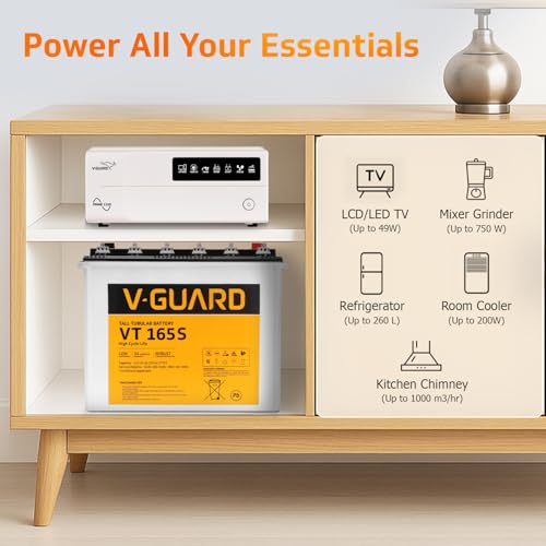 Image of V-Guard Inverter & Battery Combo (1150 Pure Sine Wave 1000VA /12V Inverter, VT 165S 154 Ah Tall Tubular Battery) for Home, Office & Shops