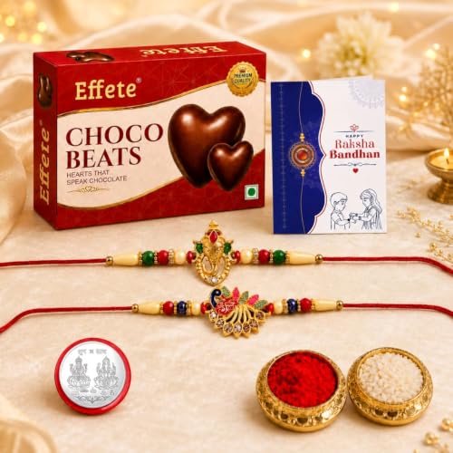 Image of Oblivion Rakhi with Chocolate for Brother - Ganesha & Peacock Desigin Rakhi 2 Pcs with Choco Beats Chocolate 32gms, Silver Color Coin, Greeting Card & Tilak Set - Traditional Festival Celebration Pack