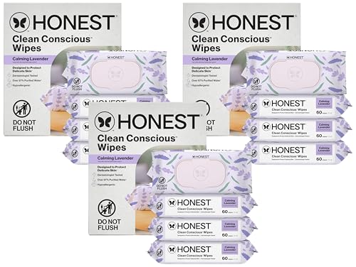 Image of The Honest Company Calm and Cleanse Naturally Scented Wipes, Cleansing, Multi-Tasking, 99% Water Plant Based, Hypoallergenic, Lavender, 240 Count (Pack of 3)