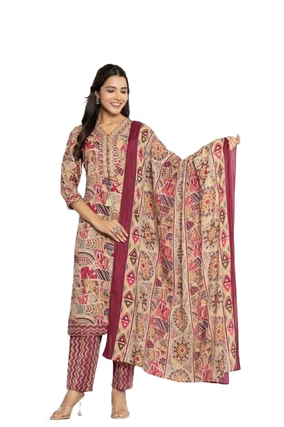 VarangaWomen Pink V Neck Abstract Printed Kurta Paired with Bottom and Dupatta