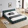 Queen Grounded Bed Frame with Headboard, Cute Puff Grid Pattern Chenille Upholstered Platform Floor Bed with Sturdy Slats, No Box Spring Needed, Easy Assembly, Moss Green
