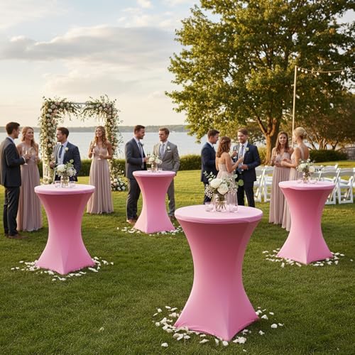 Image of Fixwal 4 Pack Spandex Cocktail Table Covers, 32x43 Inch Pink Fitted Stretch Highboy Round Cover Table Cloth for Party, Bar, Pub, Wedding, Banquet