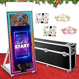 Magic Mirror Photo Booth with Flight Case and Square Fill Light, 65 in Movable Mirror Photobooth Machine with 43in Touch Screen for Events Parties Wedding Rental (White, 65in Magic Mirror)