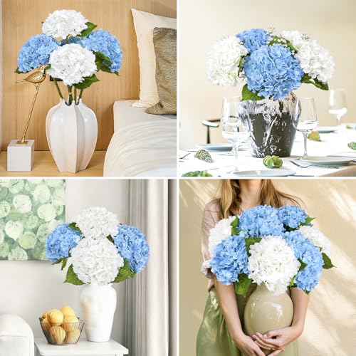 Image of Bassion 4 Pcs 21 inch Blue White Hydrangea Artificial Flowers for Decorations