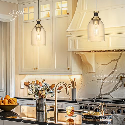 Image of zeyu Glass Pendant Lights Kitchen Island 2 Pack, Modern Hanging Light for Kitchen Sink Dining Room, Clear Glass Shade, Black and Gold Finish, ZG33M1L-2L BK+BG