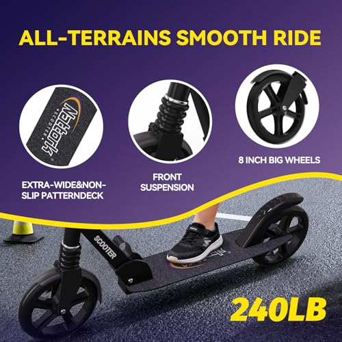 Image of Nattork Kick Scooter for Age 6+ Kids Teens Adults, Max Load 240 LBS, Adjustable Height Foldable with 8 inch Large Wheels, Anti-Shock Suspension