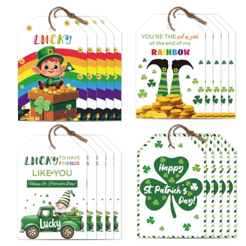 CHGCRAFT 120Pz 4 Stile St. Patrick's Day Etichette Carta Kraft Shamrock Lucky Rainbow Etichette Regalo Thank You Gift Tags con 30M Corda di Canapa Etichette per regali Love Hear per decorazioni