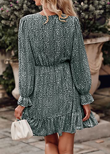 Image of KIRUNDO Women Casual Summer Fall Dresses Long Sleeve Floral Wrap V Neck High Waist Ruffle Tiered A Line Flowy Mini Dress(Dark Green, Large)